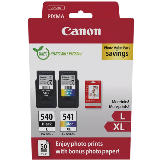 Canon PG-540L Black And CL-541XL Colour High Yield Ink Cartridges and 50 Sheet Photo Paper Value Pack Front View