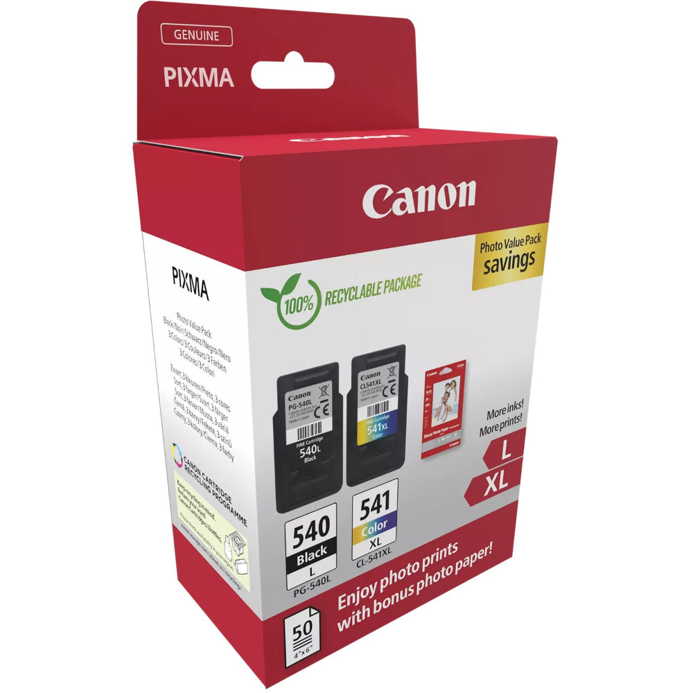 Canon PG-540L Black And CL-541XL Colour High Yield Ink Cartridges and 50 Sheet Photo Paper Value Pack Left Side View