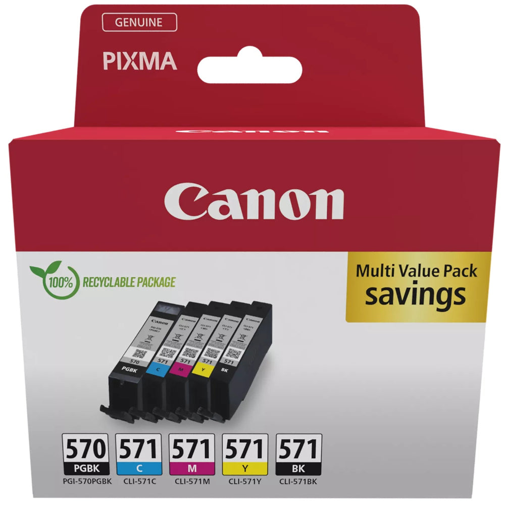Canon PG-570 Black And CL-571 Colour High Yield Ink Cartridges and Cardboard Pack Front View
