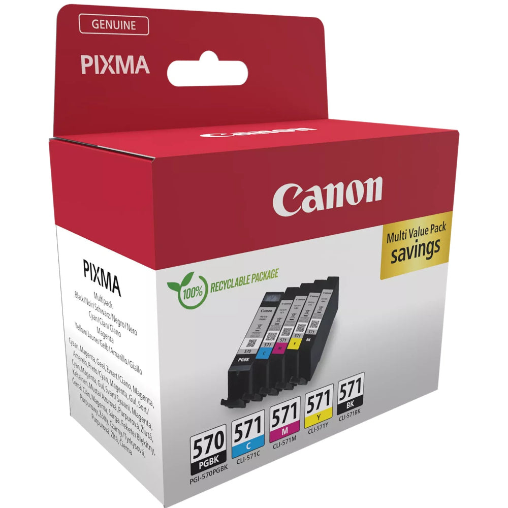 Canon PG-570 Black And CL-571 Colour High Yield Ink Cartridges and Cardboard Pack Side View