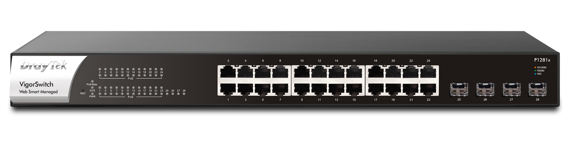 DrayTek VigorSwitch P1281x 24 Port Gigabit PoE+ Smart Switch with 4 x 10Gbps SFP+ Uplink Ports 140 Watt PoE Budget Front View