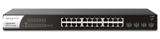 DrayTek VigorSwitch P1281x 24 Port Gigabit PoE+ Smart Switch with 4 x 10Gbps SFP+ Uplink Ports 140 Watt PoE Budget Front View