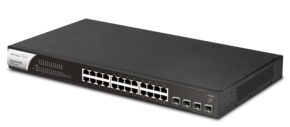 DrayTek VigorSwitch P1281x 24 Port Gigabit PoE+ Smart Switch with 4 x 10Gbps SFP+ Uplink Ports 140 Watt PoE Budget Left View