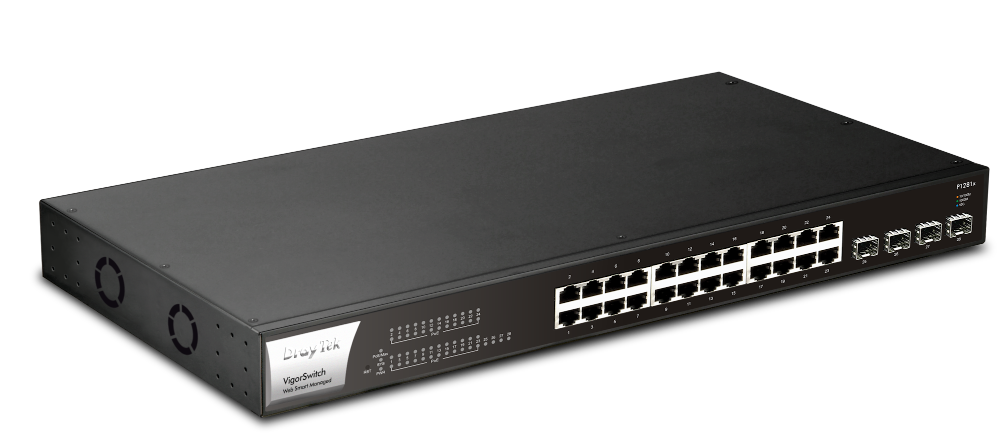 DrayTek VigorSwitch P1281x 24 Port Gigabit PoE+ Smart Switch with 4 x 10Gbps SFP+ Uplink Ports 140 Watt PoE Budget Side View