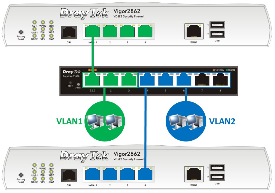 Draytek VSG1080 8 Port Desktop Switch Showing VLAN Segmentation