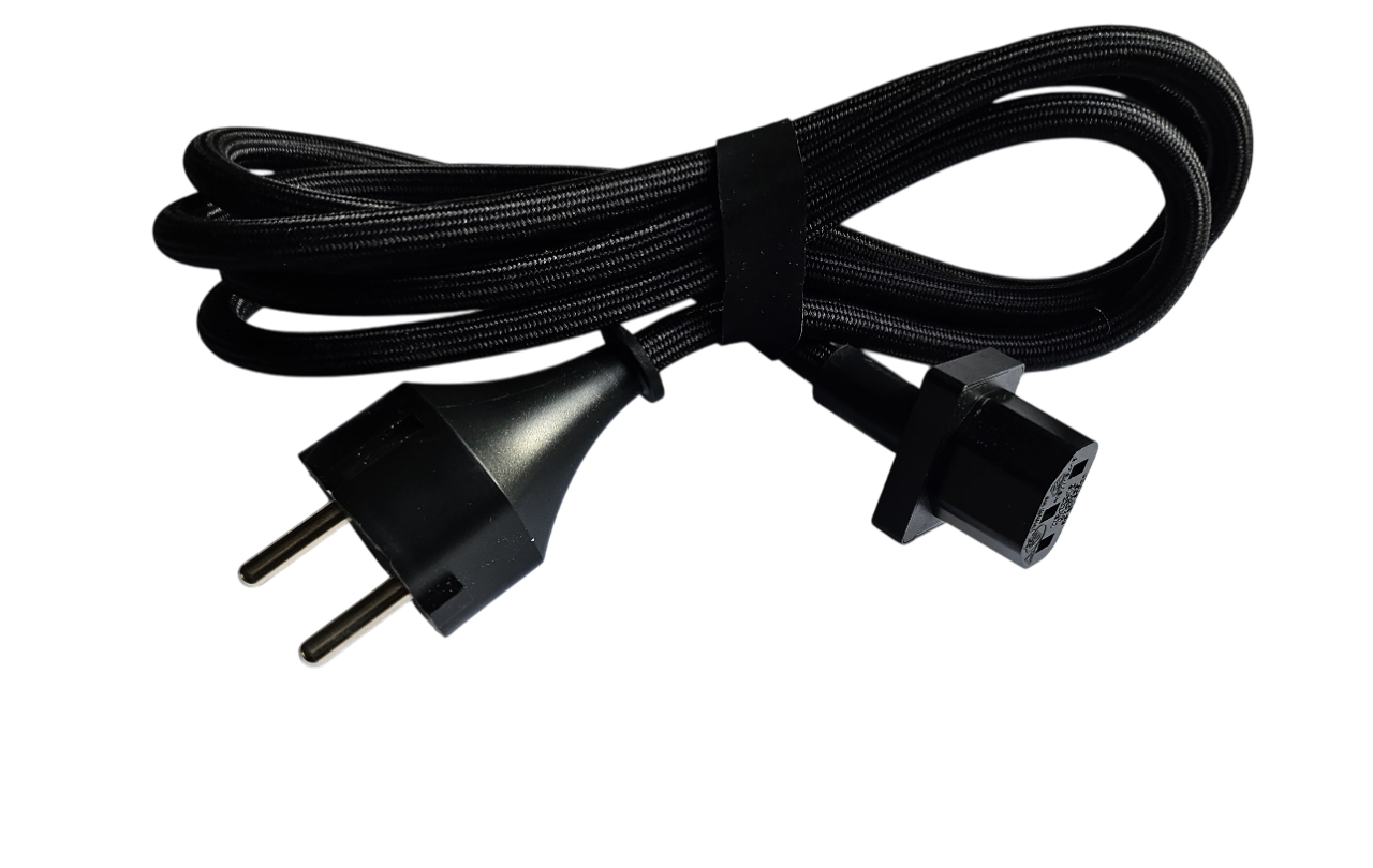 European 2-Pin Schuko to IEC C13 Braided Power Cable 2m Black power cord with European plug on a white background