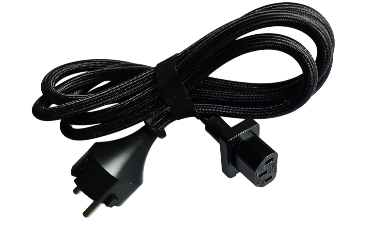 European 2-Pin Schuko to IEC C13 Braided Power Cable 2m Black power cord with plug on a white background