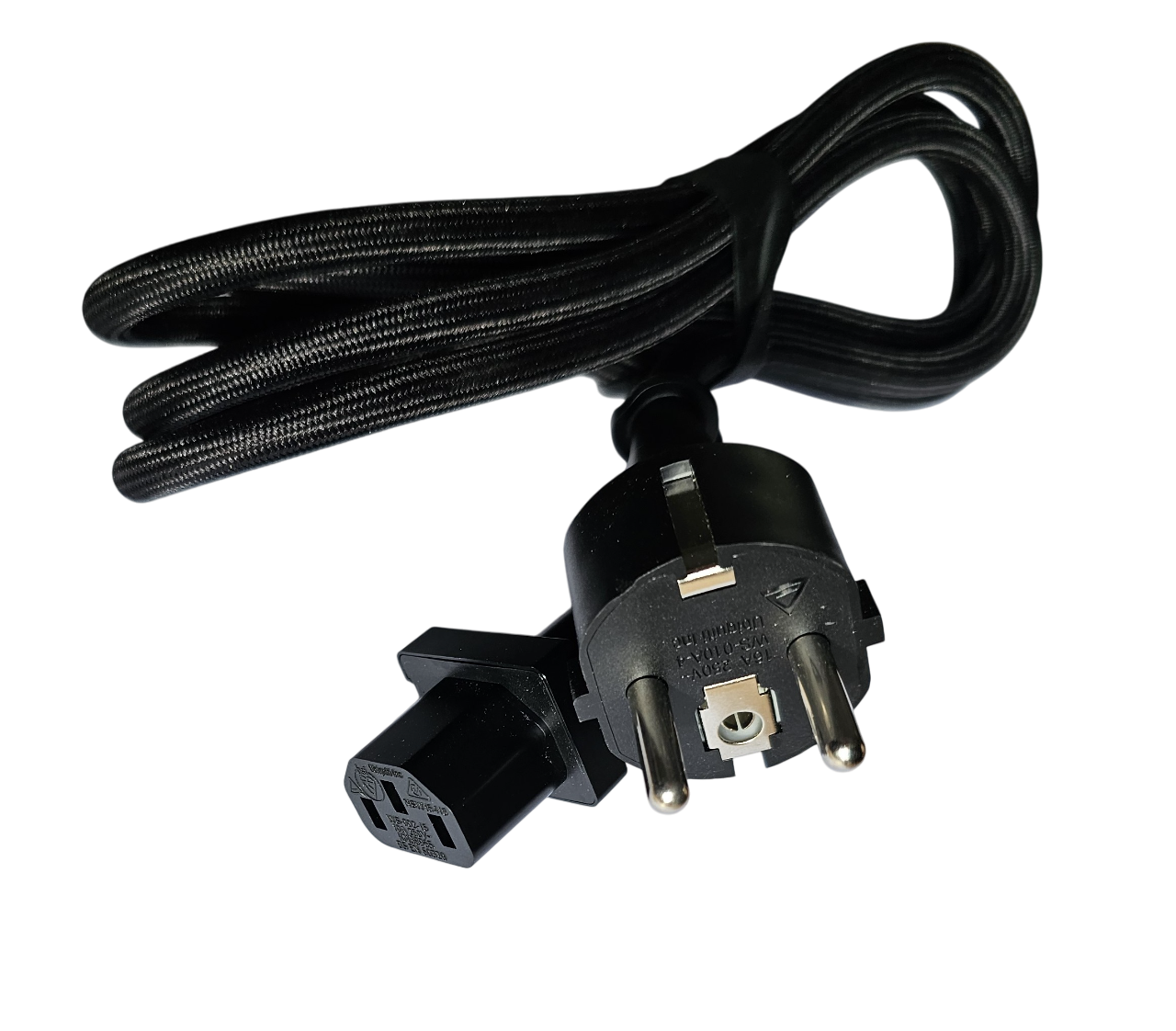 Black electrical power cord with plug on a white background