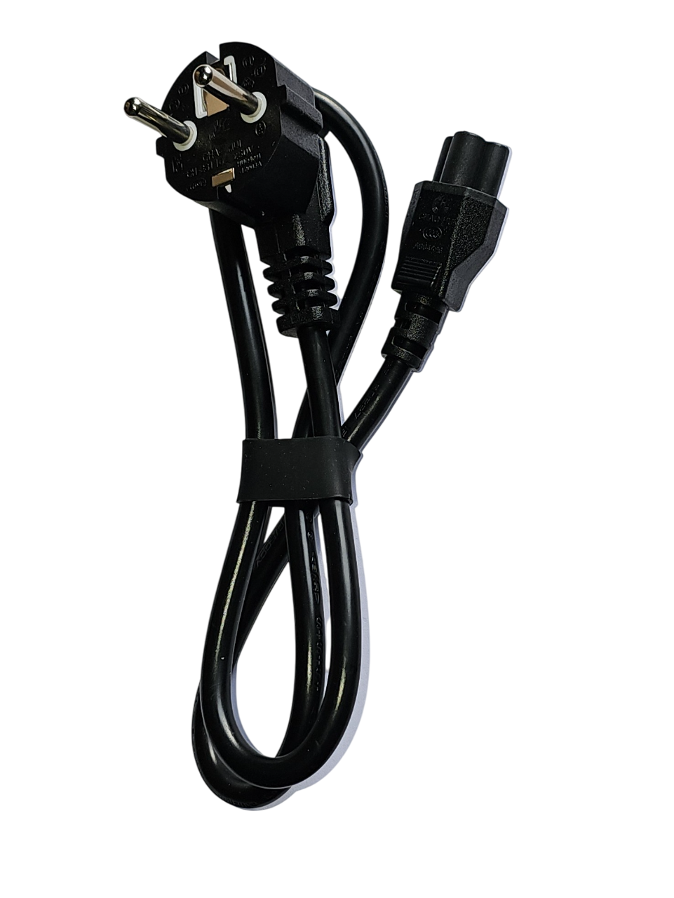 Black power cord with plug on a white background