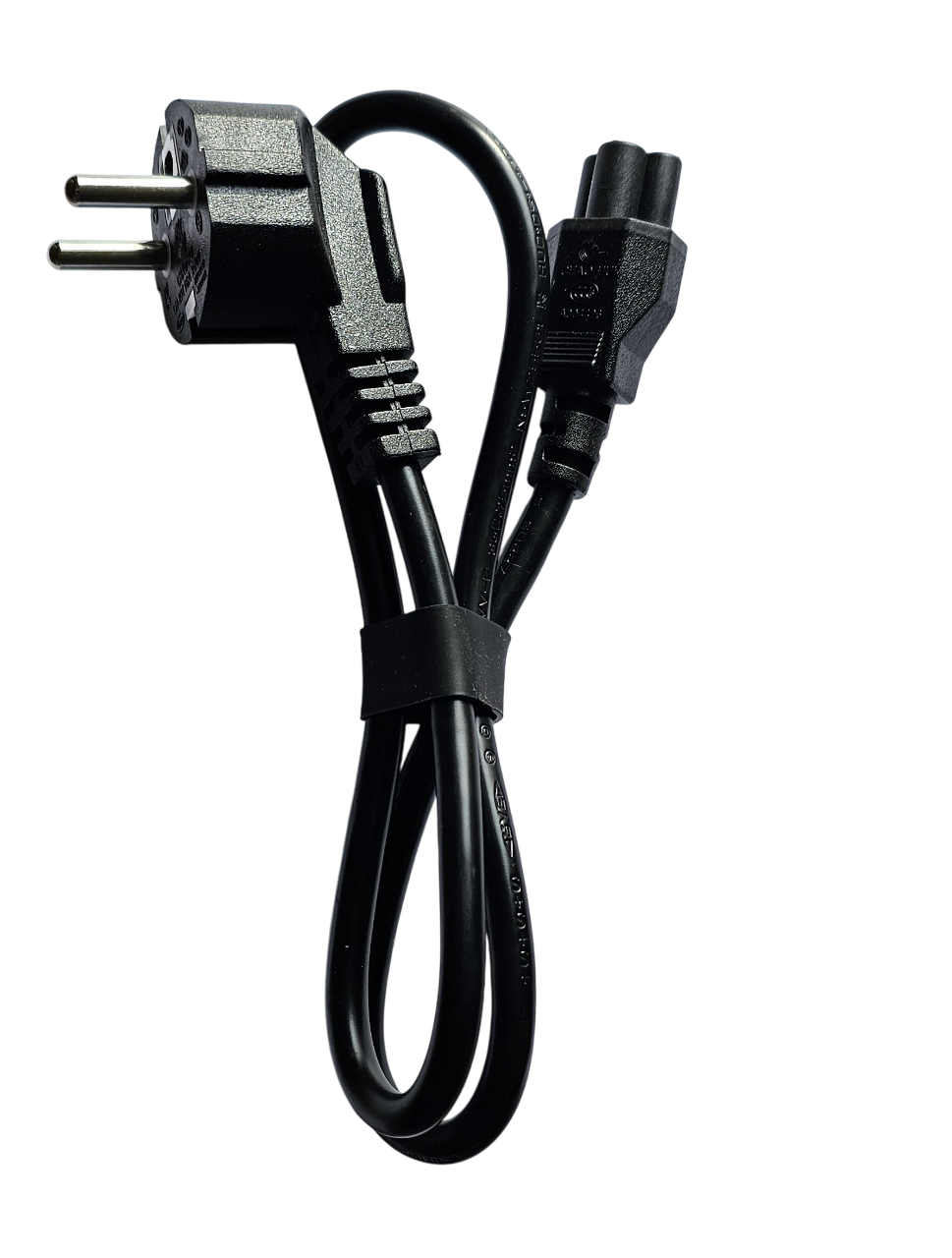European 2-Pin Schuko to Clover Leaf C5 Power Cable Black power cable with plug on a white background