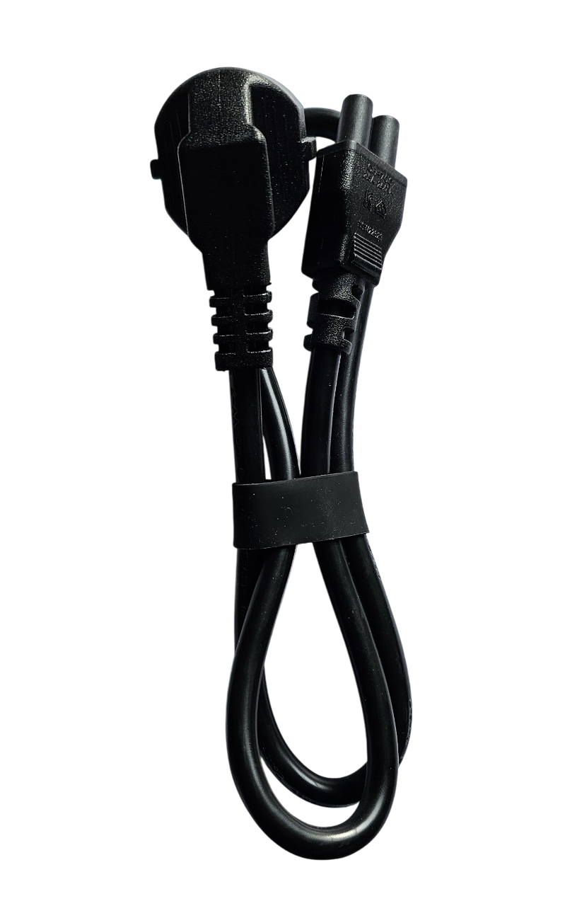 European 2-Pin Schuko to Clover Leaf C5 Power Cable Black power cord with plug on a white background