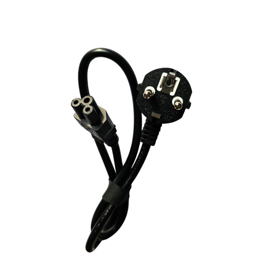 European 2-Pin Schuko to Clover Leaf C5 Power Cable Black electrical plug and cable on a white background