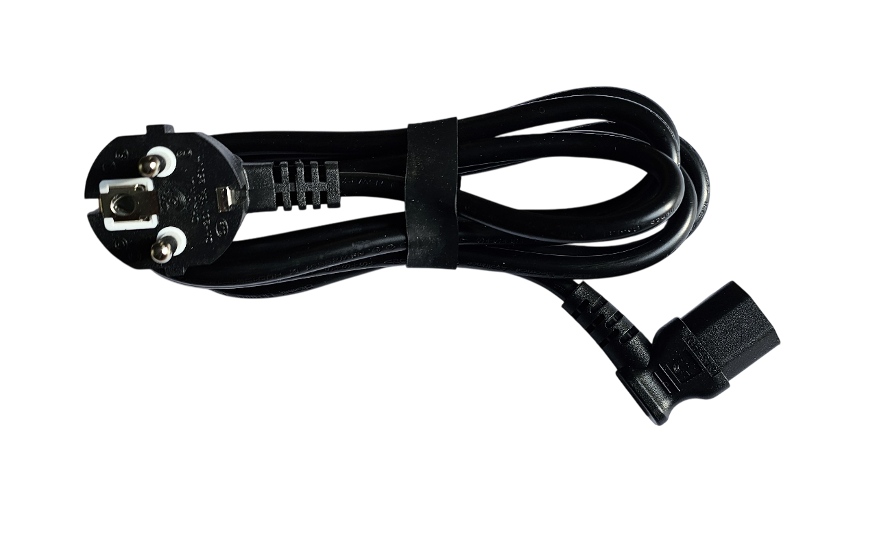 European 2-Pin Schuko to IEC C13 Right Angled Power Cable 2m Black power cord with plug on a white background