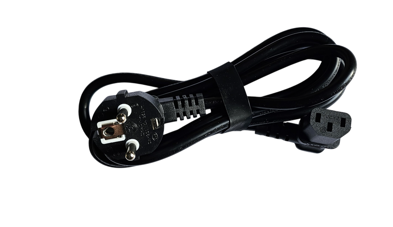 European 2-Pin Schuko to IEC C13 Right Angled Power Cable 2m Black power cord with plug on a white background