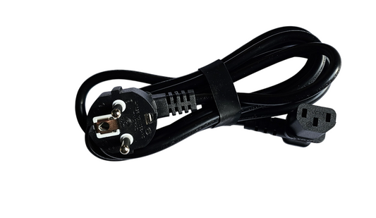 European 2-Pin Schuko to IEC C13 Right Angled Power Cable 2m Black power cord with plug on a white background