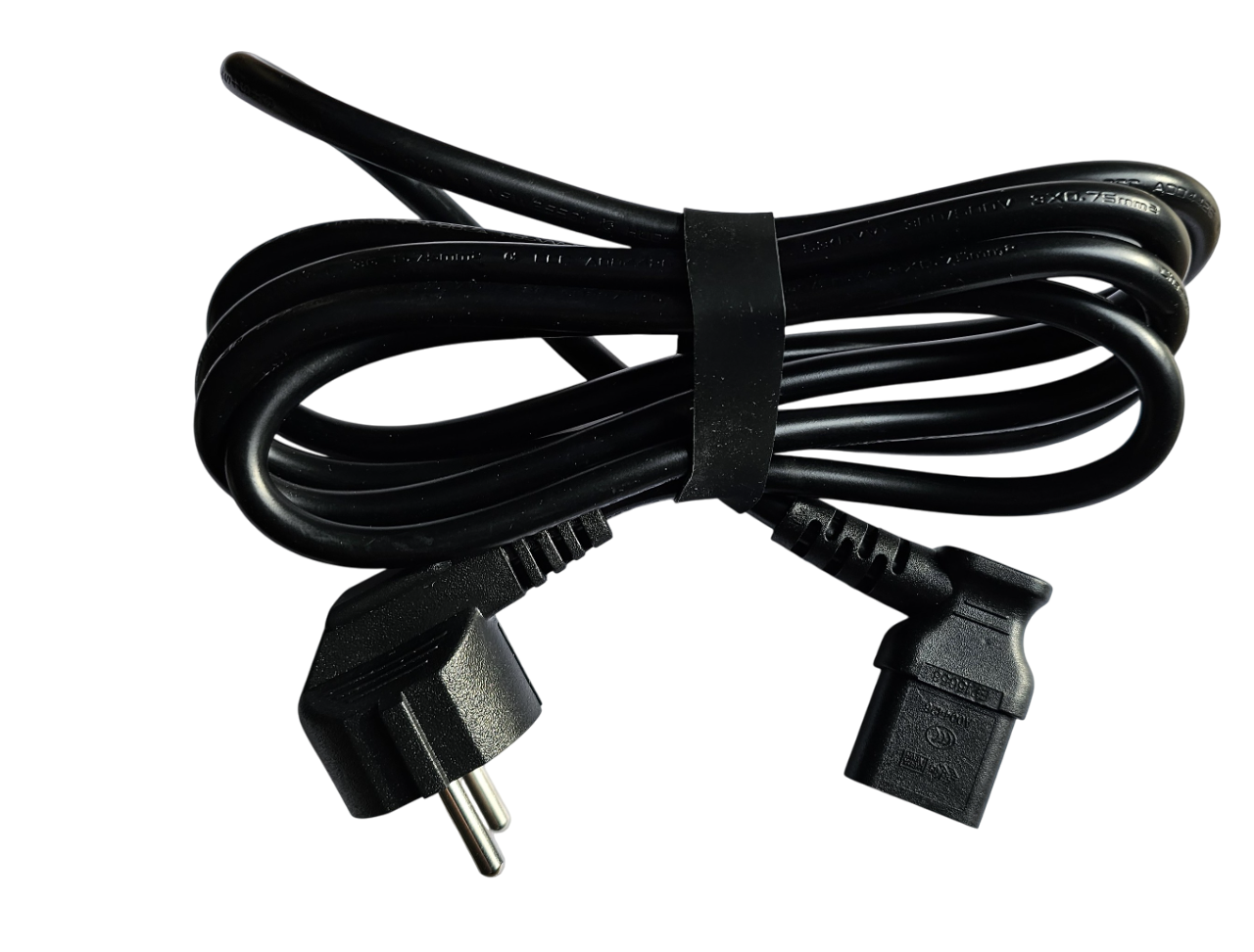 European 2-Pin Schuko to IEC C13 Right Angled Power Cable 2m Black power cord with plug and USB connector on a white background