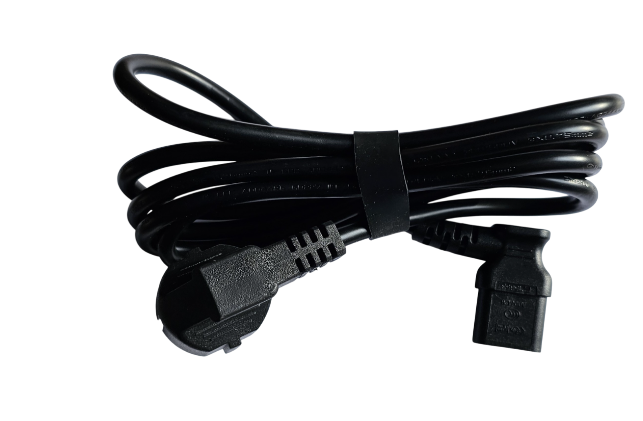 European 2-Pin Schuko to IEC C13 Right Angled Power Cable 2m Black power cord with plug on a white background