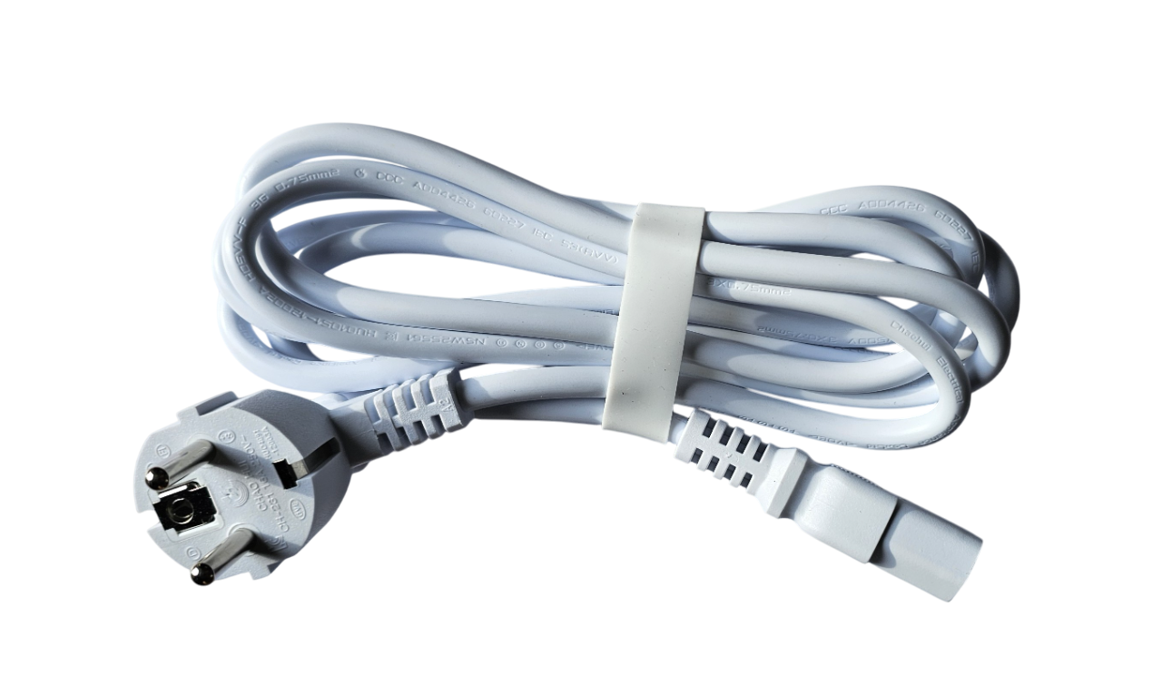 White electrical cable with plug on a white background