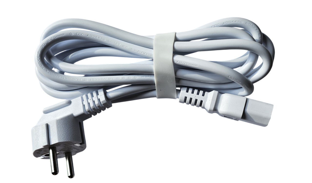 White power cord with plug on a white background