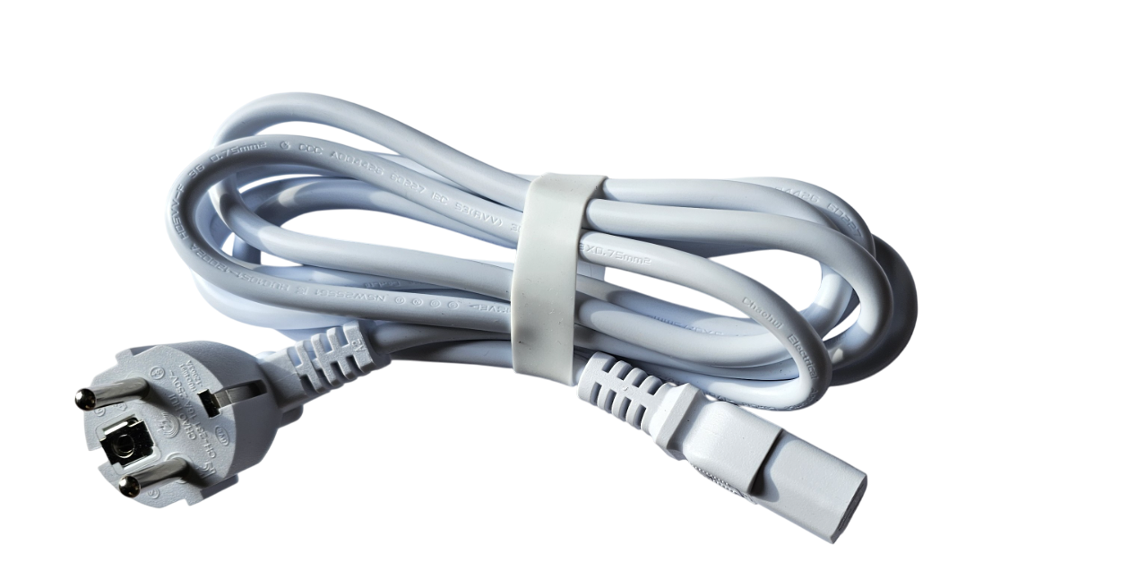 White electrical cable with plug on a white background