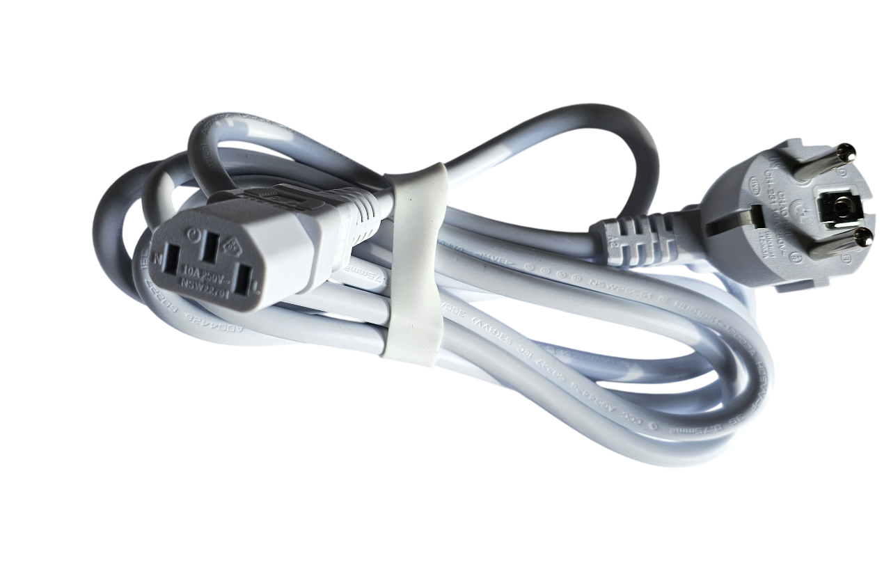 White electrical power cord with plugs on a white background
