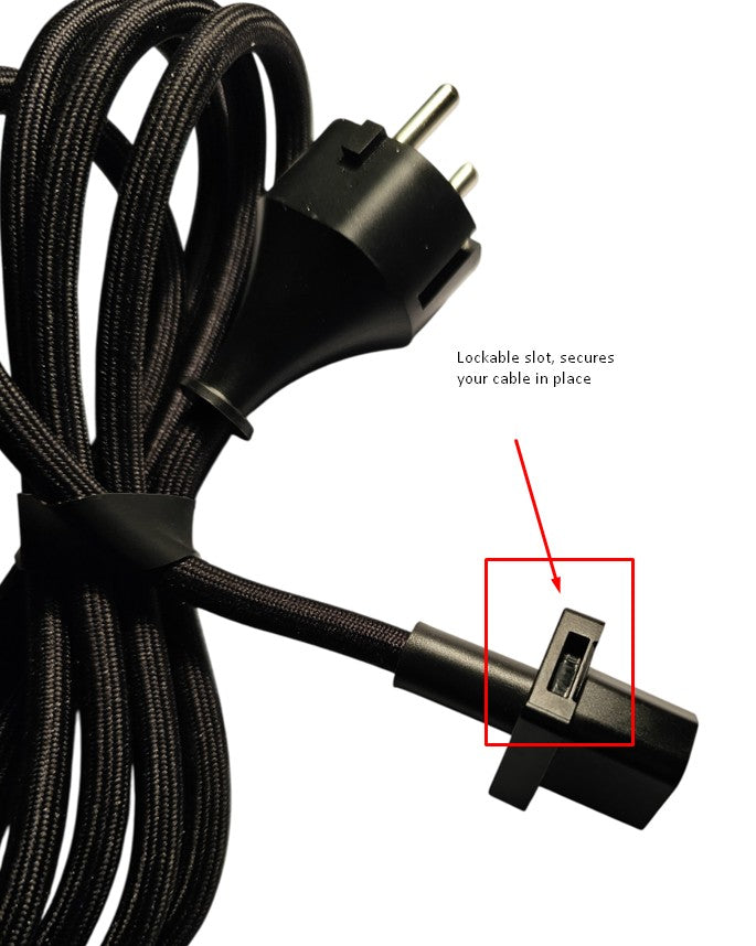 European 2-Pin Schuko to IEC C13 Braided Power Cable 2m with lockable slot feature on a white background