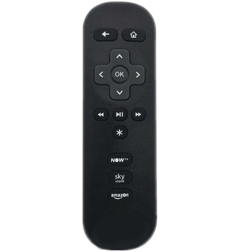Black remote control with Amazon logo Sky Store and NOWTV Buttons on a white background