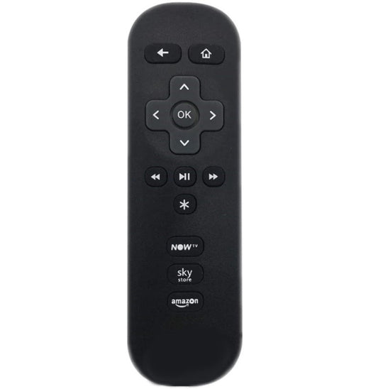 Black remote control with Amazon logo Sky Store and NOWTV Buttons on a white background