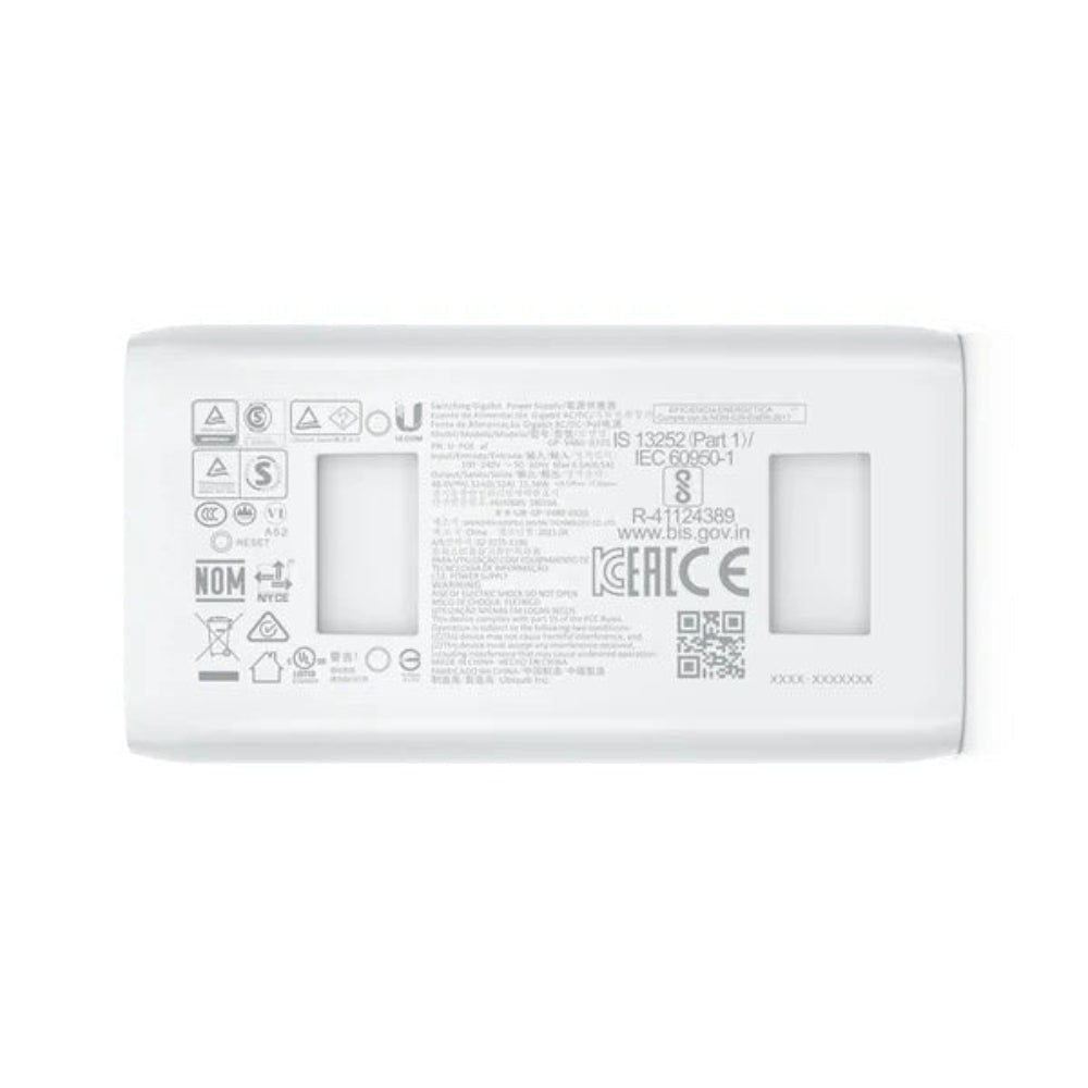 Ubiquiti U-POE-AF 15W POE Adapter U-POE Rear View Showing Compliance and Specification Information