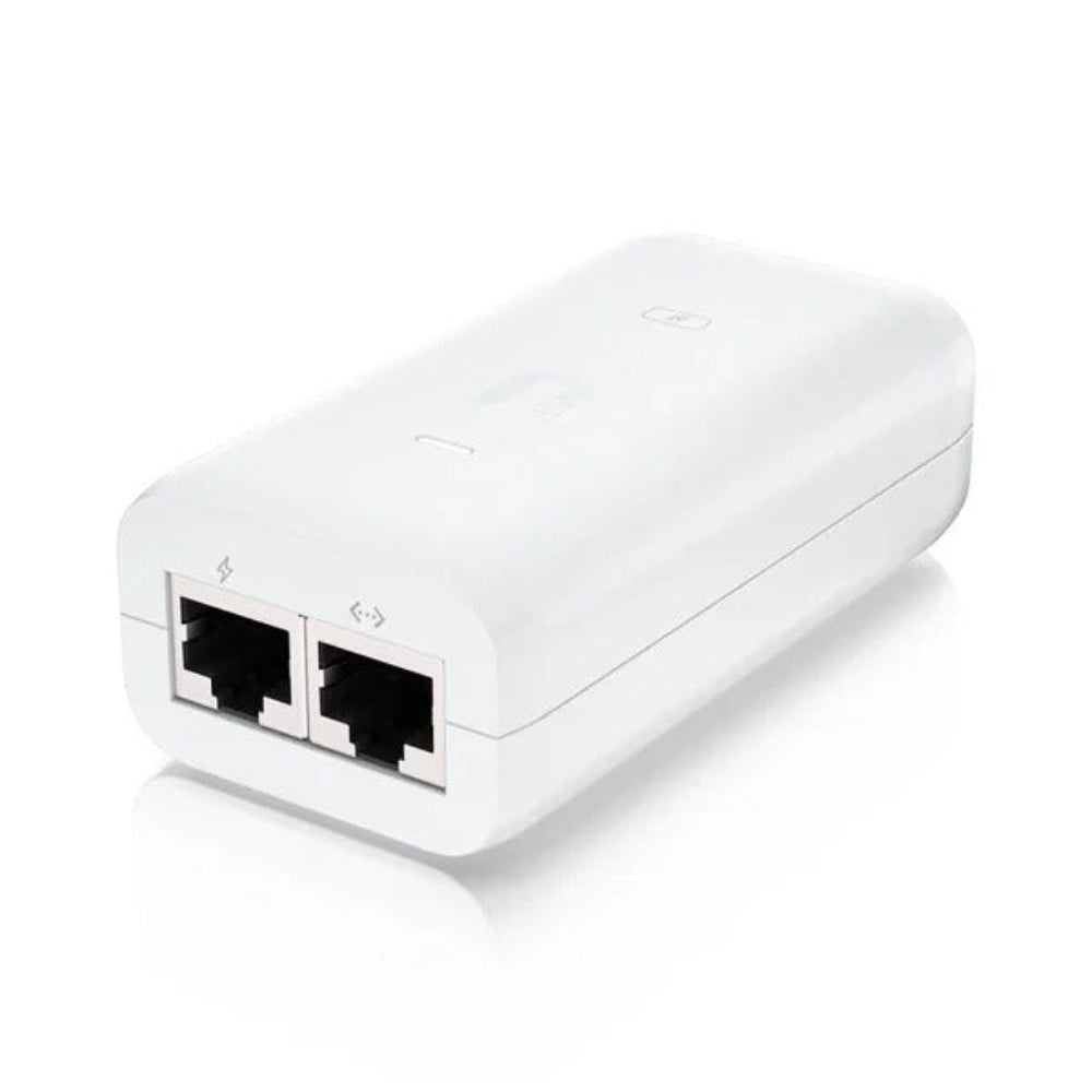 Ubiquiti U-POE-AF 15W POE Adapter U-POE With UK Power Lead Horizontal View Showing POE and RJ45 1GB Port