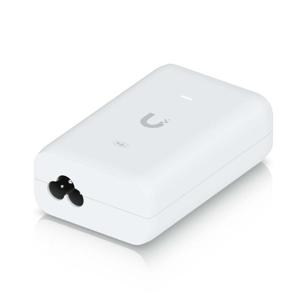 Ubiquiti U-POE-AT POE+ Adapter 30W U-POE+ Horizontal View Showing Clover Leaf Port and LED