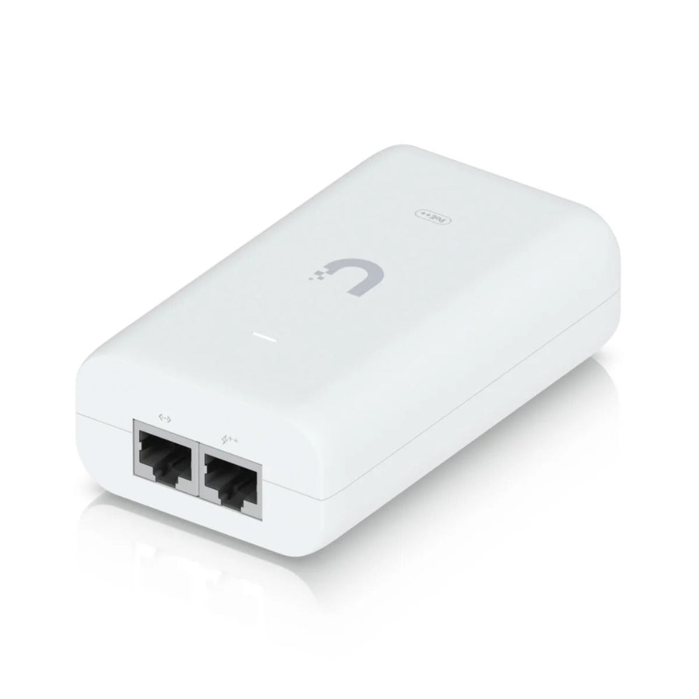 Ubiquiti U-POE++ 60W POE Adapter With UK Power Lead Horizontal View Showing POE++ and RJ45 1GB Port