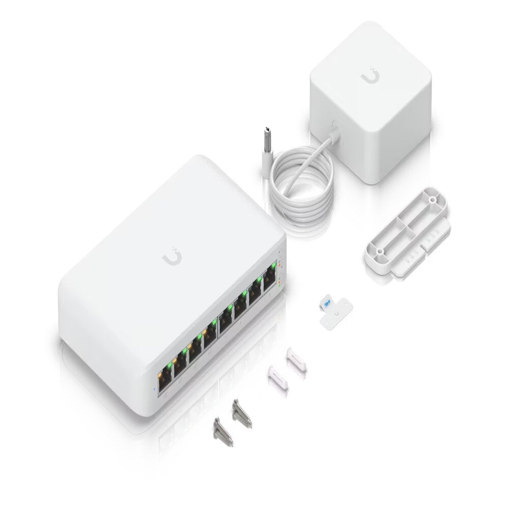 Ubiquiti UniFi USW-LITE-8-POE 8 Port POE+ 52W Switch Box Contents Shown