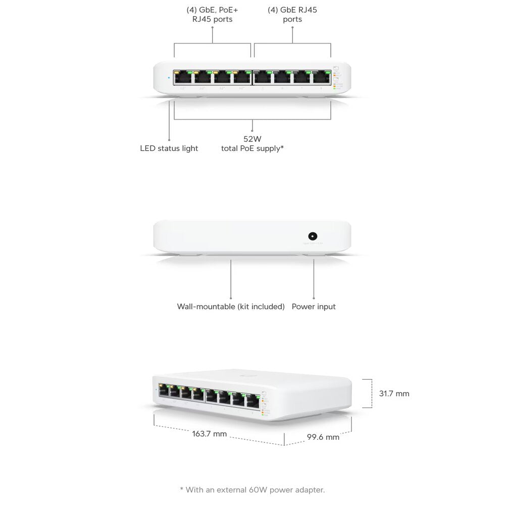 Ubiquiti UniFi USW-LITE-8-POE 8 Port POE+ 52W Switch Dimensions Shown