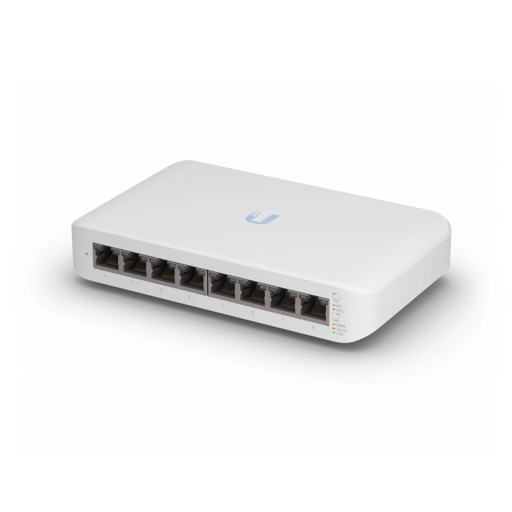 Ubiquiti UniFi USW-LITE-8-POE 8 Port POE+ 52W Switch Front View Angle