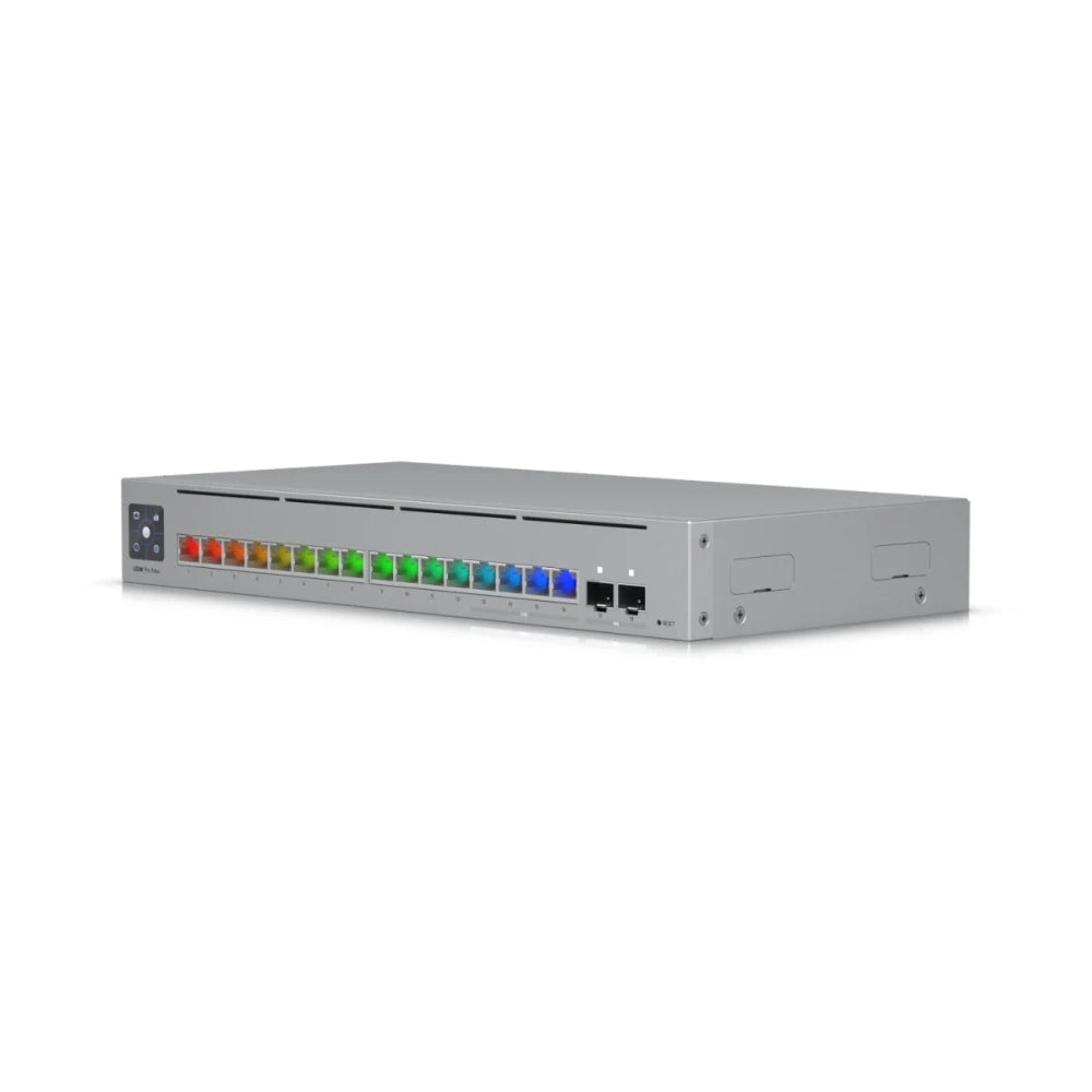 Ubiquiti USW-Pro-Max-16 UniFi 16-Port Layer 3 Managed Switch Side View Showing EtherLighting LEDs
