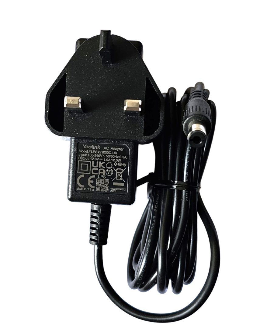 Black Yealink power supply adapter with UK plug on a white background