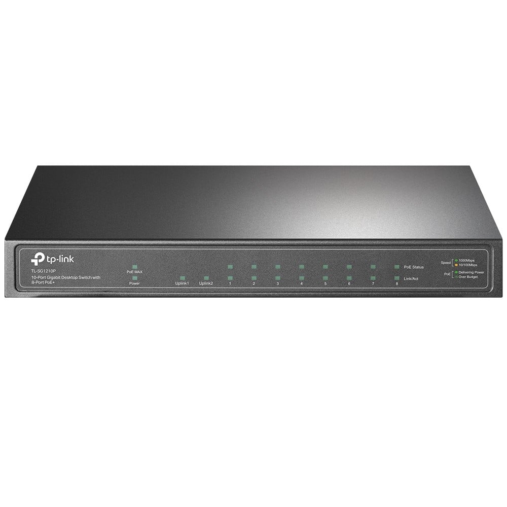 tp-link tl-sg1210p POE+ 10 Port Gigabit Desktop Switch Front of unit showing main display