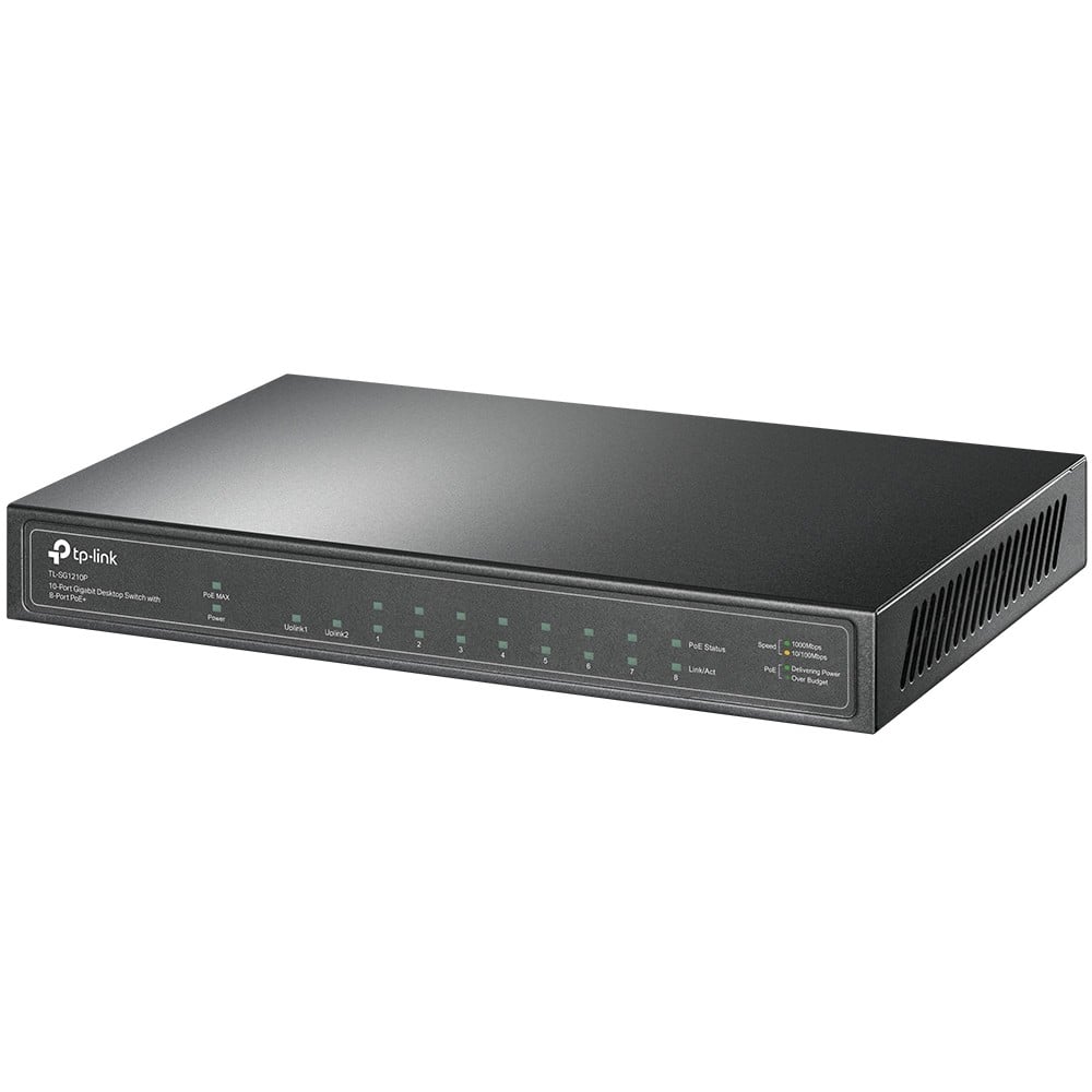 tp-link tl-sg1210p POE+ 10 Port Gigabit Desktop Switch Front of unit side view