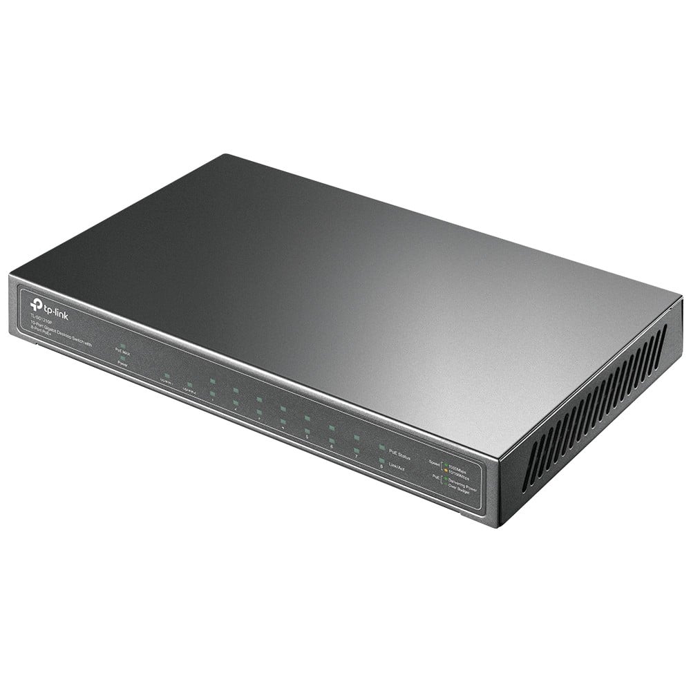 tp-link tl-sg1210p POE+ 10 Port Gigabit Desktop Switch Front of unit side view showing vents