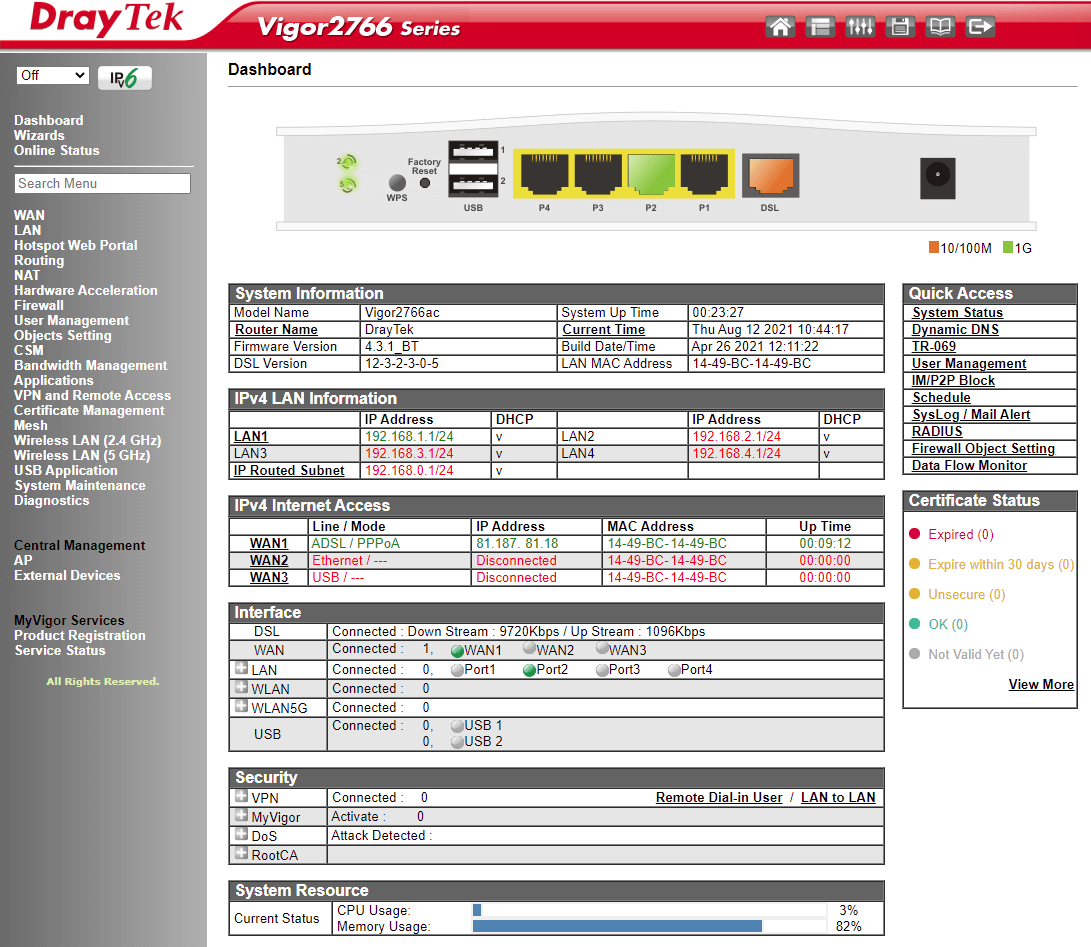 DrayTek 2766 Triple-WAN G.Fast/VDSL2/ADSL Broadband Router Dashboard Screenshot