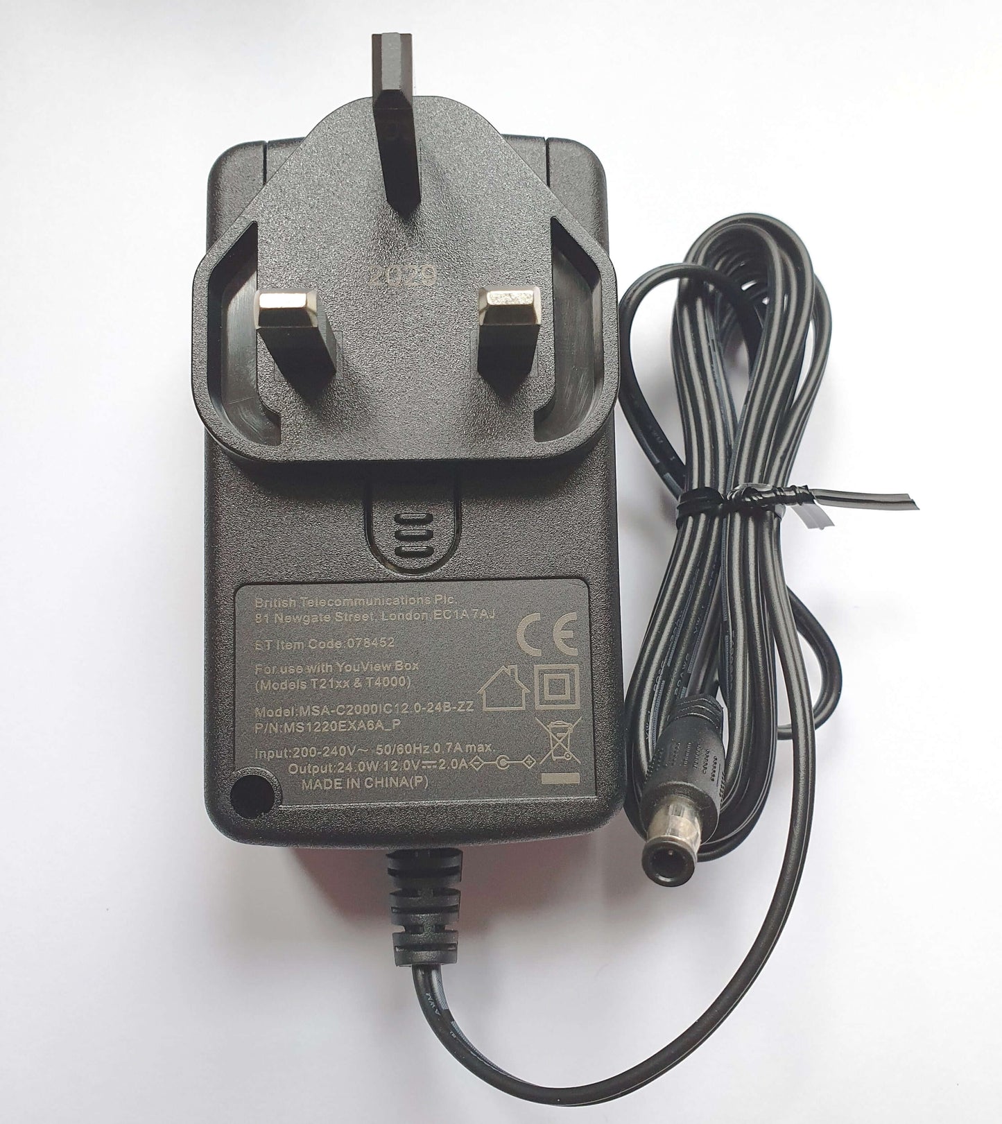 BT Youview DTR-T2100 DTR-T4000 12v 2A Power Supply PSU Front Closeup MOSO