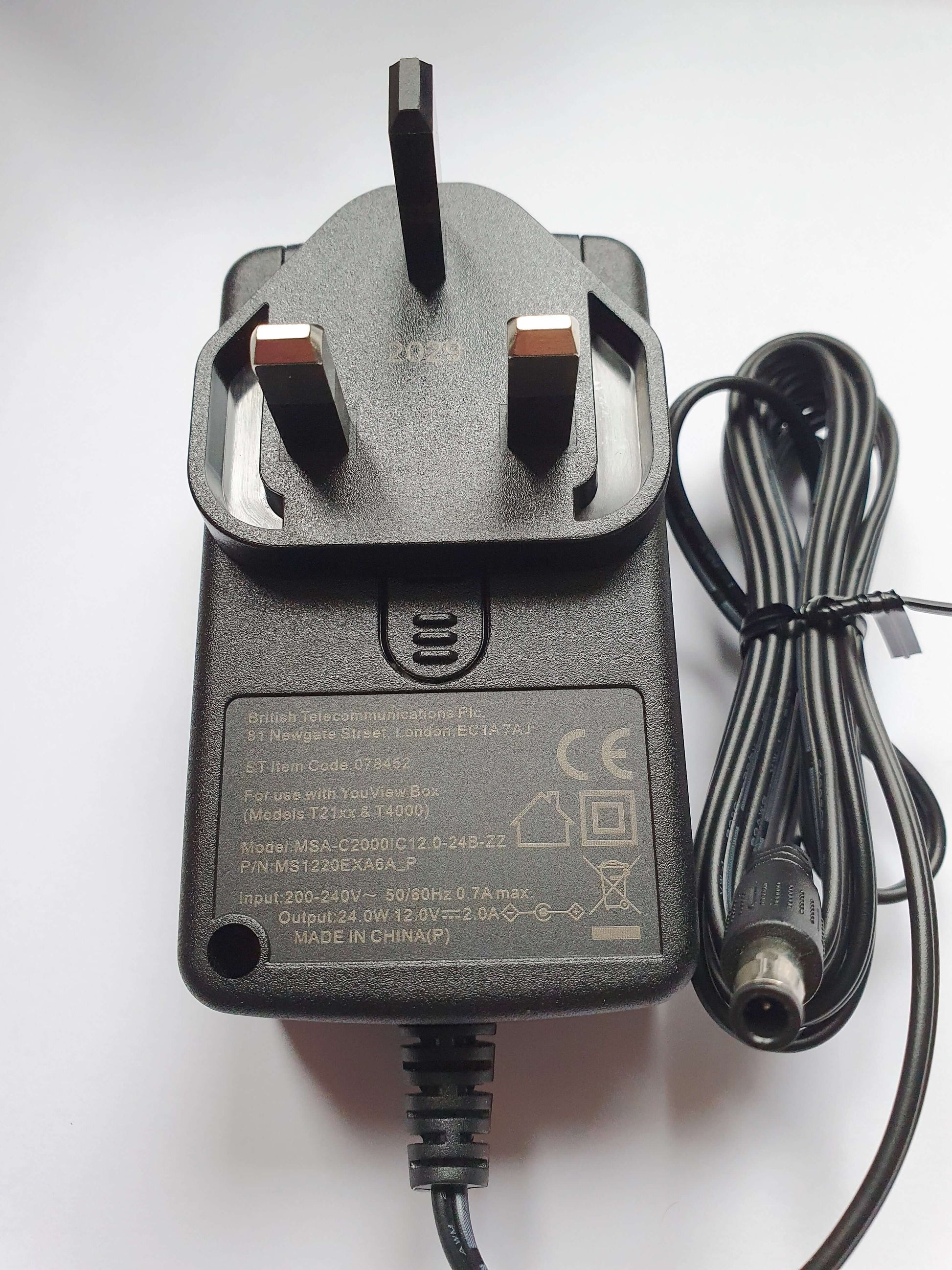 BT Youview DTR-T2100 DTR-T4000 12v 2A Power Supply PSU Front Closeup MOSO