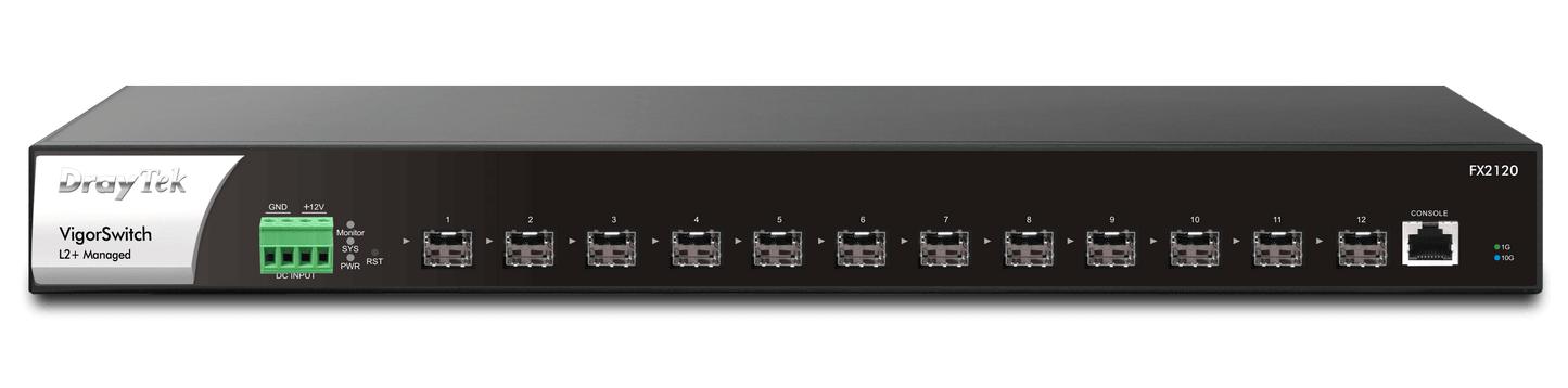 DrayTek VigorSwitch FX2120 Full Fibre 10G Layer 2+ Managed Switch Front View 240GBps Switching Capacity 12 SFP+ Ports