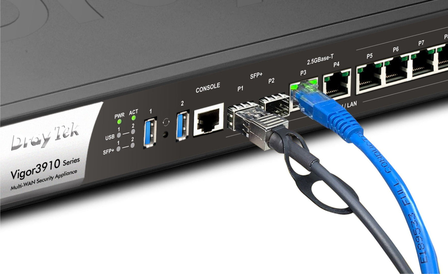 DrayTek Vigor 3910 Multi-WAN Router 10Gb Enterprise Level High-Performance VPN Concentrator with Powerful 1.2GHz Quad-Core Processor Showing Connected Cables