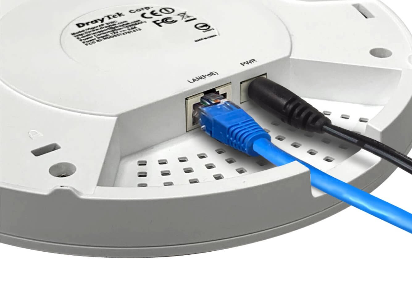 Draytek VigorAP960C Vigor AP Access Point 960 Wireless Wi-Fi 6 Mesh Technology underside POE and Power cable view