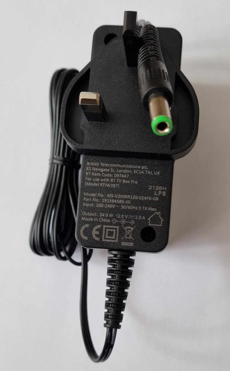 Power Supply 12V 2A for BT TV Box Pro 1TB RTIW387 Item Code 097447 Front View unobscured