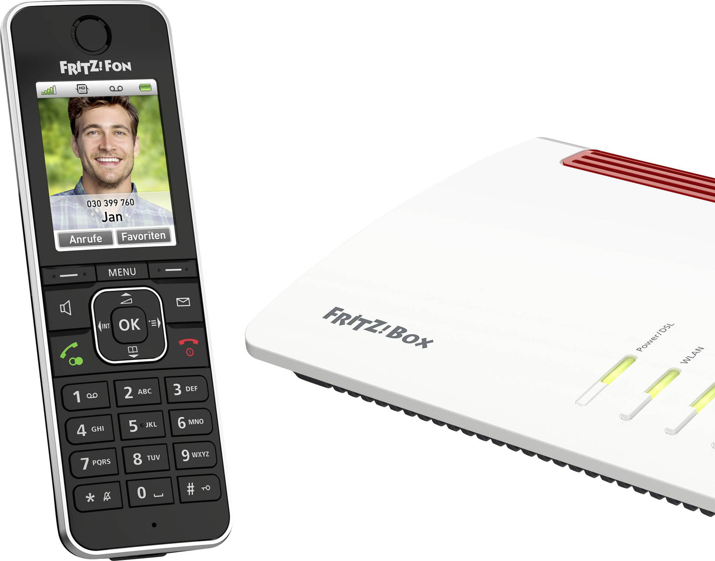 avm fritz fon c6 fritz phone c6 telefon dect avm fritzfon c6 Front View Black pair with Fritz Box