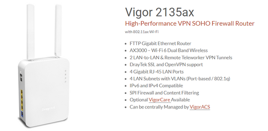 DrayTek Vigor 2135ax Dual-WAN WiFi 6 Router With VPN & 3G/4G LTE Support 2.9Gbps AX