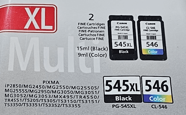 Canon PG-545XL CL-546 Multipack Ink Cartridges Close Up View